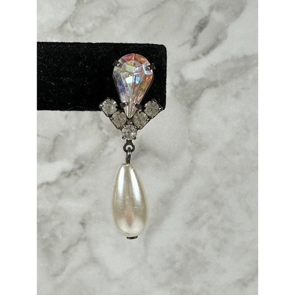 Silver Tone Dangle Earrings with Pear Rhinestones & Teardrop Faux Pearl - 1 1/2" - Picture 3 of 6